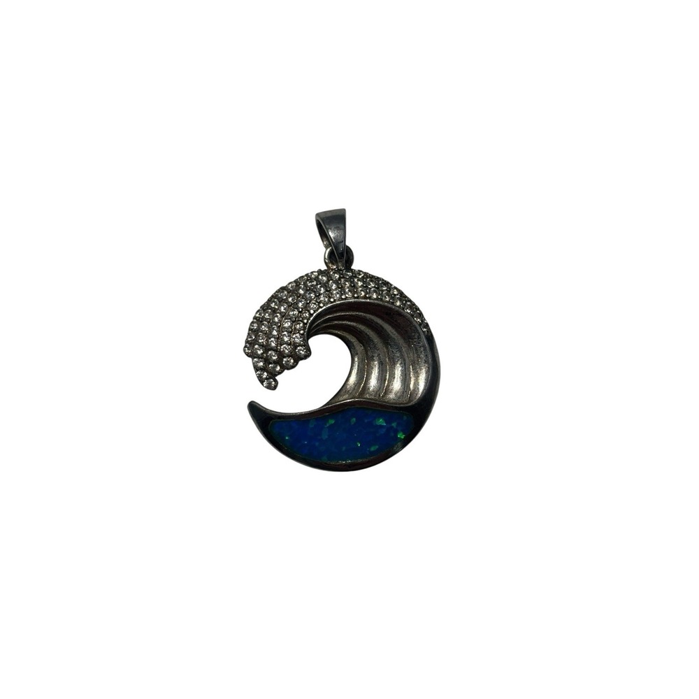 Vintage Sterling Silver 925 Sparkly Blue Opal Open Ocean Wave Necklace Pendant‎